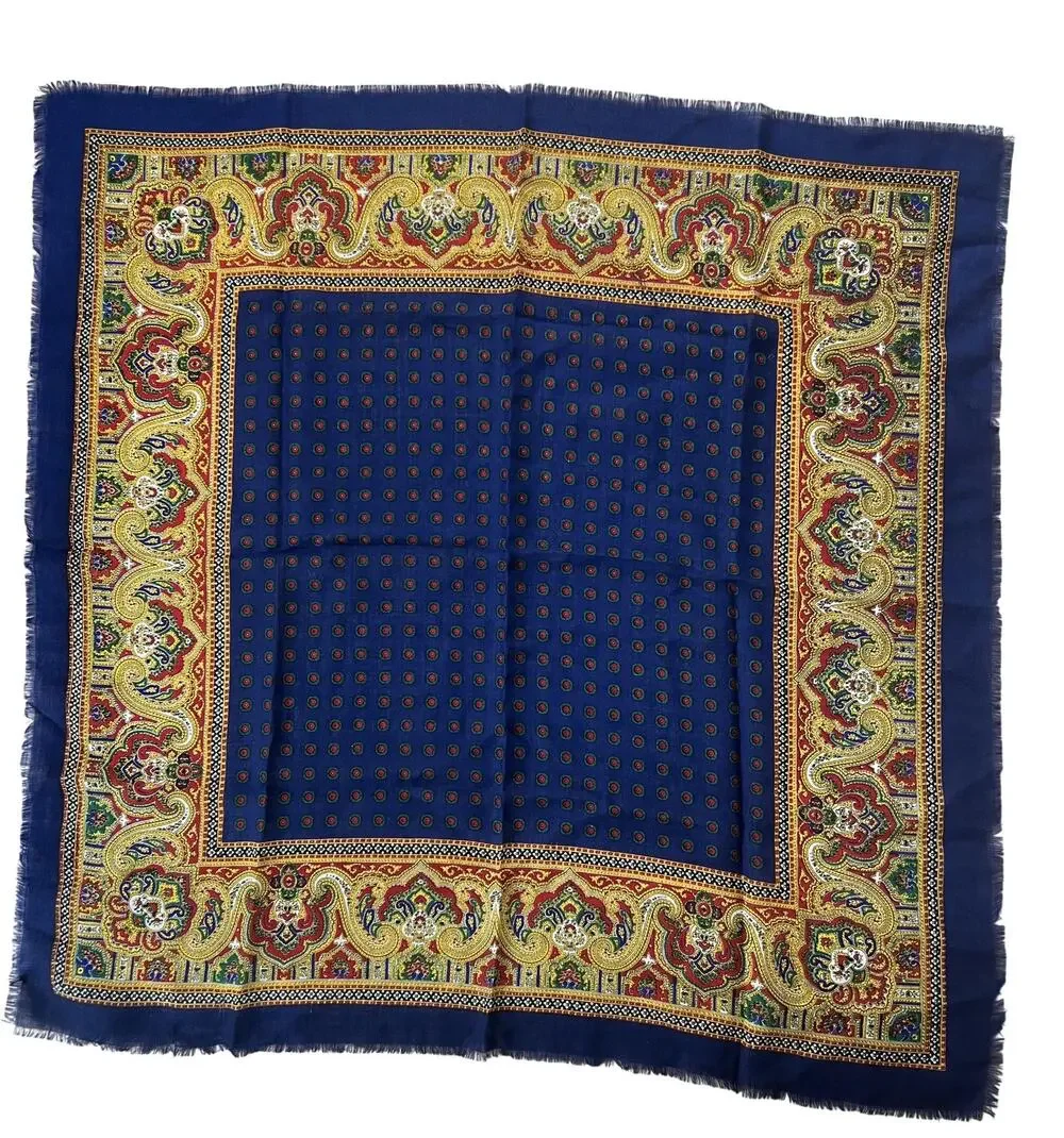 Baar & Beards Kerchief Mens One Size Blue Wool Square Scarf Paisley Italy